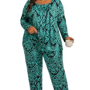 Anyally 2 piece pajama set 3XL blue green floral print NWT